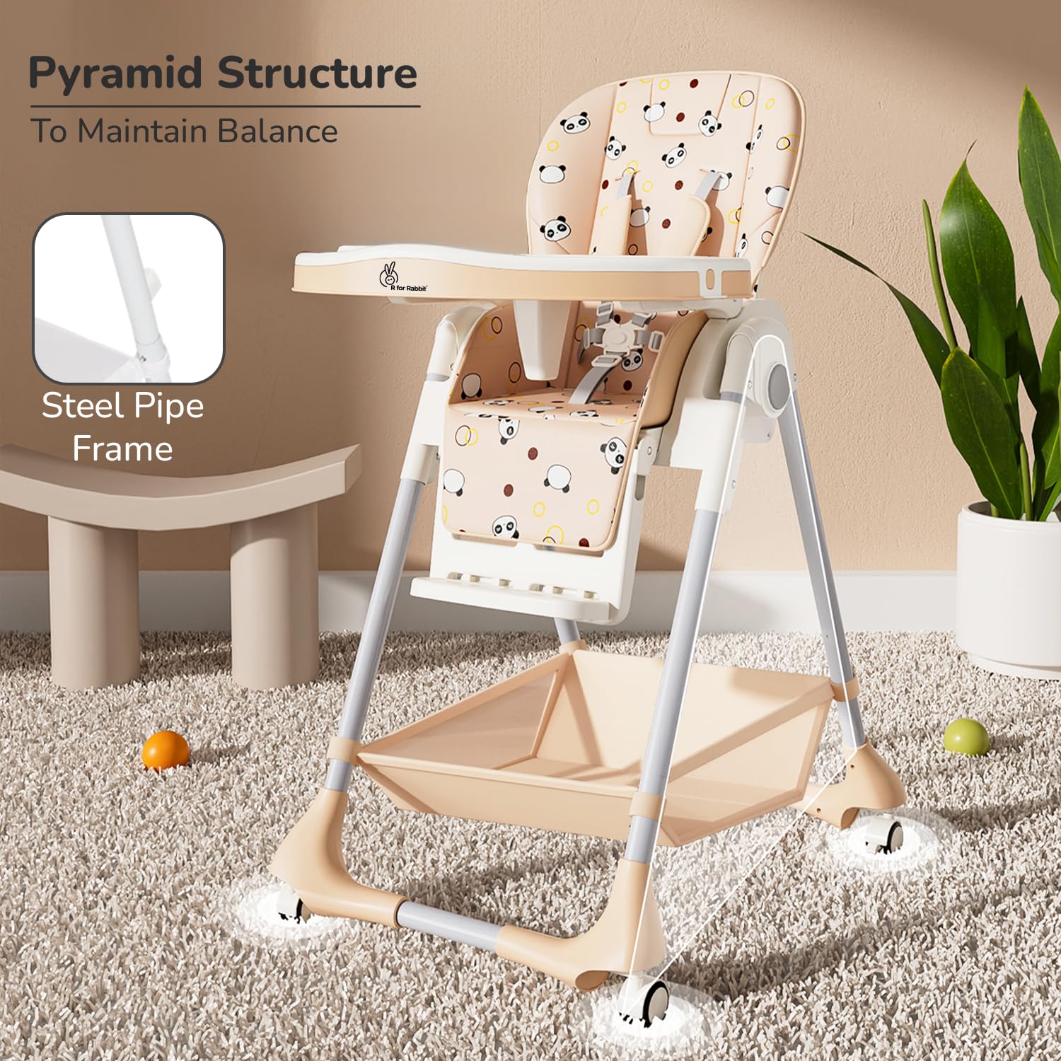 White and grey Marshmallow Lite baby high chair with 6 adjustable height levels, comfortable and secure for infant feeding, featuring a playful bear motif. www.usmile.toys